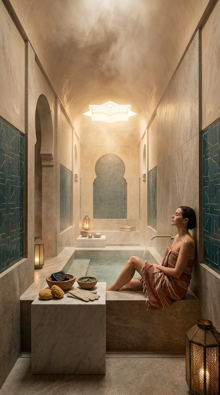 Salle de vapeur du Hammam Zephyra : carrelage zellige turquoise, banc en cèdre et lumière tamisée traversant la vapeur minérale, Marseille